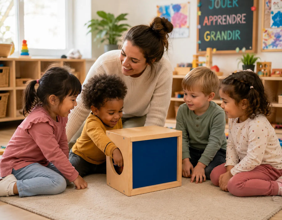 Solid maple kids sensory discovery box - children playing with the box at daycare with teacher