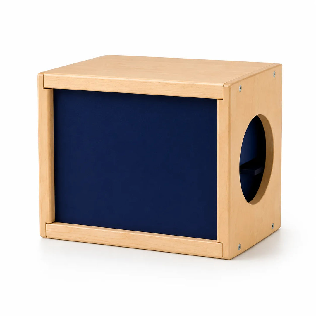 Solid maple kids sensory discovery box on white background