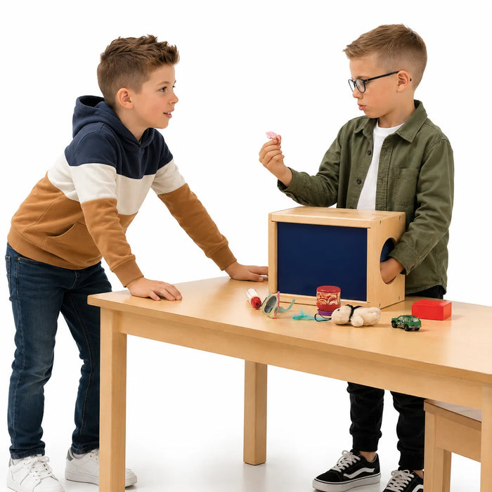 Solid maple kids sensory discovery box  2 boys playing to guess which object is in the box - Montessori activity
