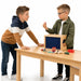Solid maple kids sensory discovery box  2 boys playing to guess which object is in the box - Montessori activity
