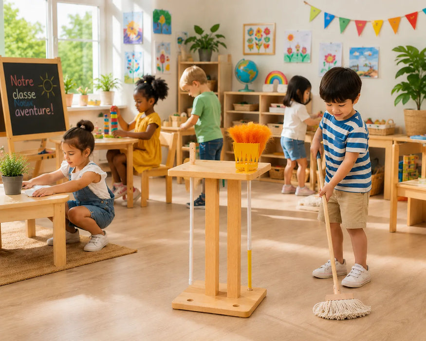 Solid maple wood stand for cleaning pretend play accessories for kids - children playing in a kindergarden or pre-school class