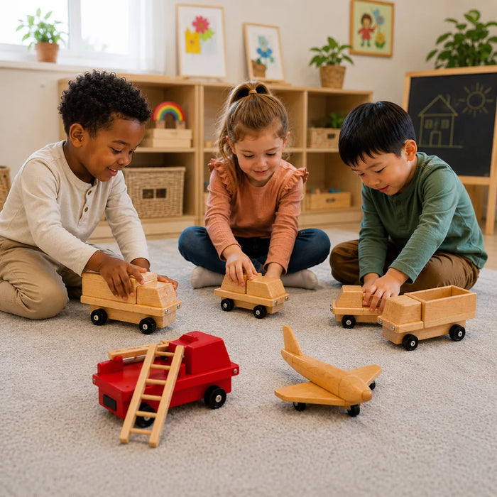Solid maple wood transport vehicle toys - childrend playing with the various maple wood trucks and airplane at daycare