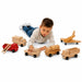 Solid maple wood transport vehicle toys - boy playing with wooden trucks and airplane