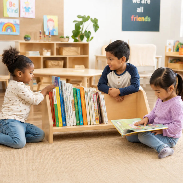 Solid maple wood table-top book shelf at daycare - on the floor with kids kneeling to read