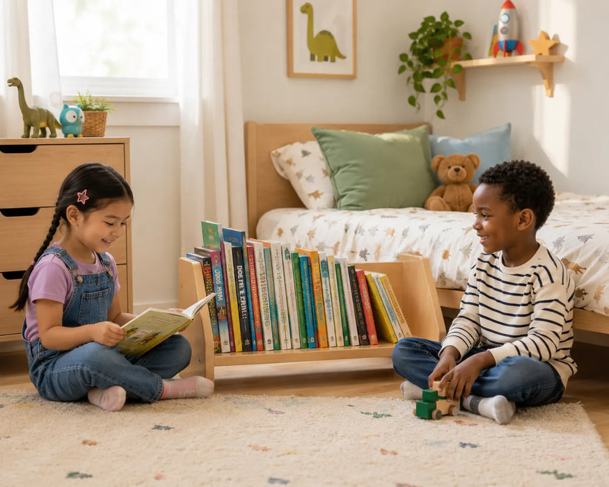 Solid maple wood table-top book shelf - in a kids room on the floor with kids sitting to read