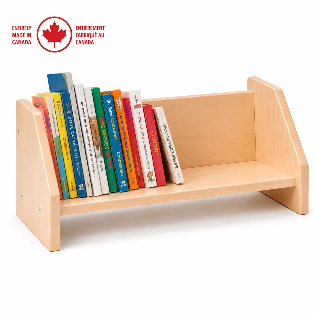 Solid maple wood table-top book shelf displaying books - made in Canada