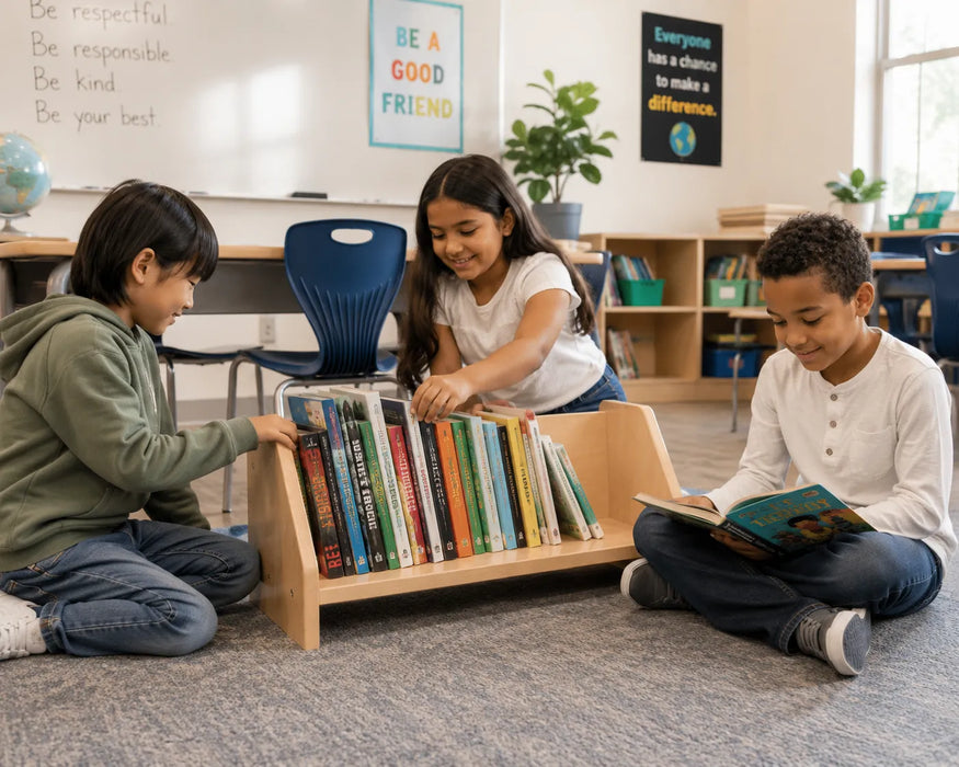 Solid maple wood table-top book shelf On the floor of a classroom with children sitting to select books and read