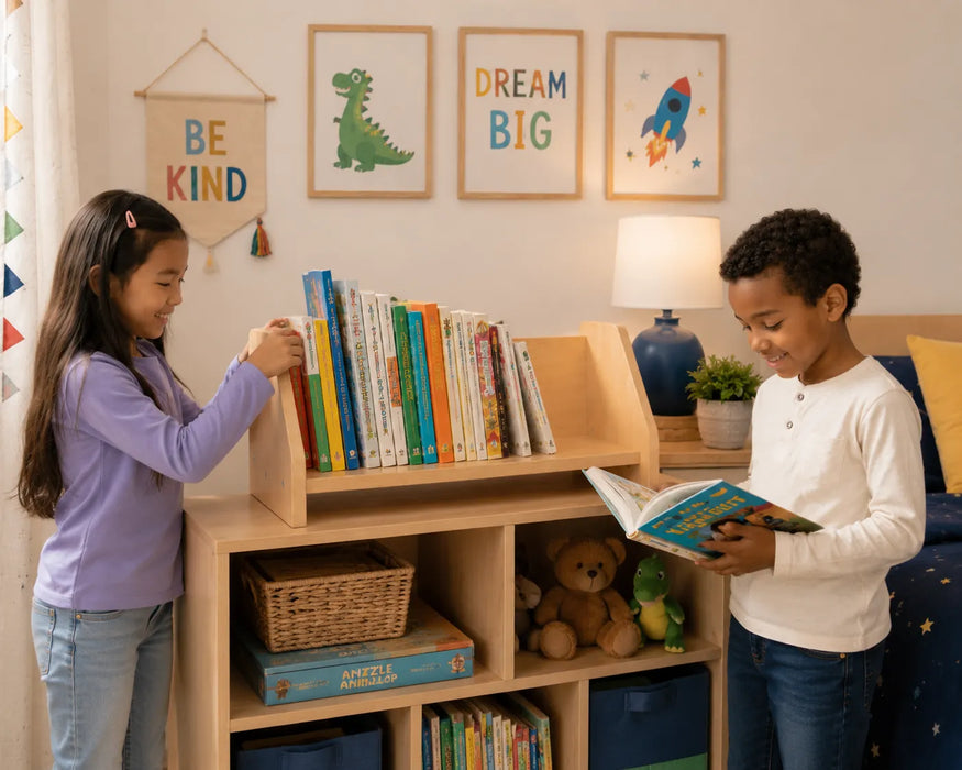 Solid maple wood table-top book shelf - on top of furniture with kids reading in a children's room