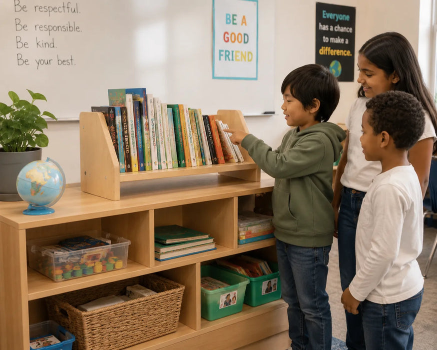 Solid maple wood table-top book shelf - in a classroom on top of a toy shelf with kids selecting books