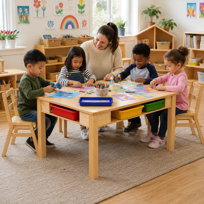 Table de classe en érable massif avec 6 bacs rangement inclus | Fabriquée au Canada | Goldtex
