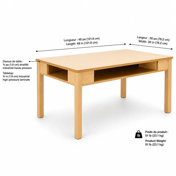 Table de classe en érable massif avec 6 bacs rangement inclus | Fabriquée au Canada | Goldtex