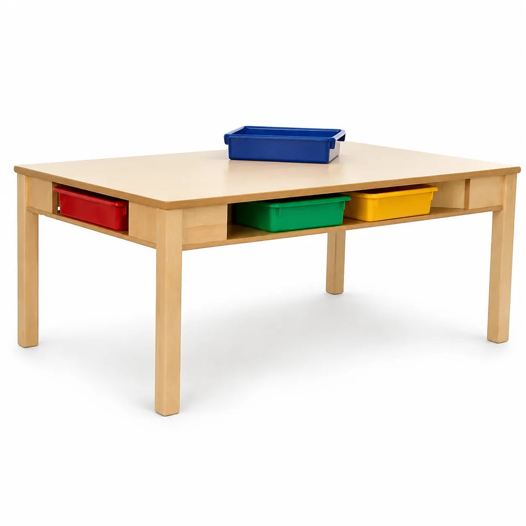 Solid maple wood classroom activity table with included bins
