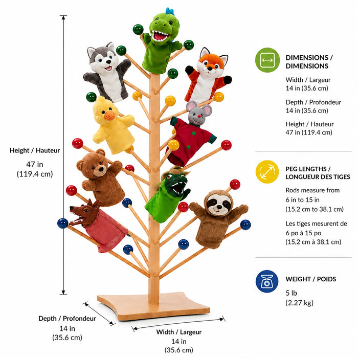 Solid maple wood puppet organizer - dimensions and weight