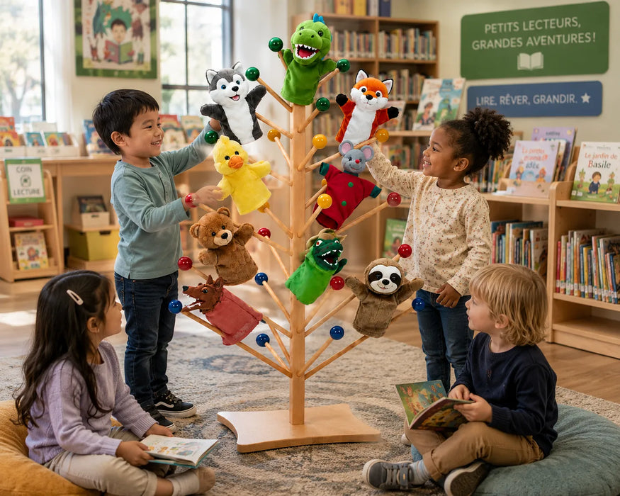 Solid maple puppet organizer at the library with children playing and reading