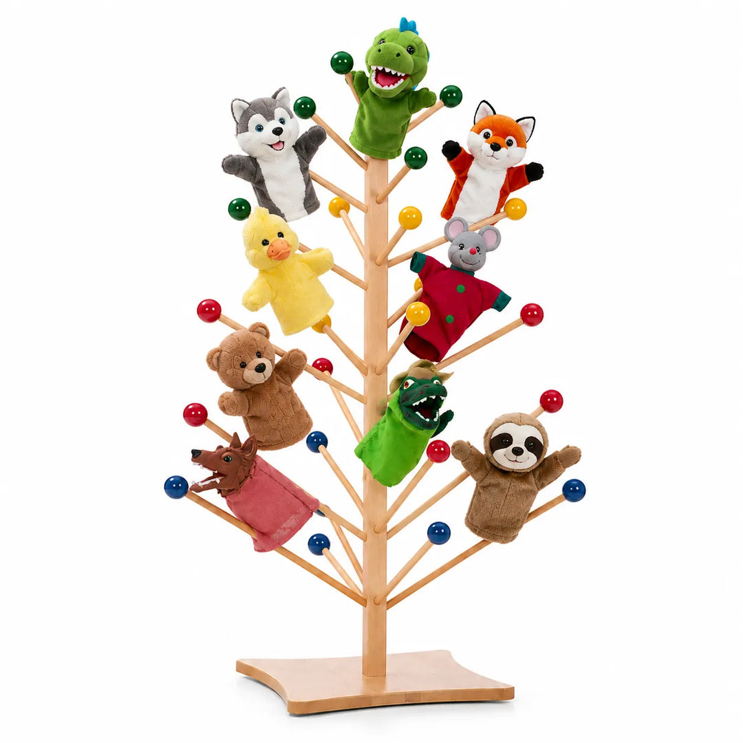 Solid maple wood puppet organizer tree on white background