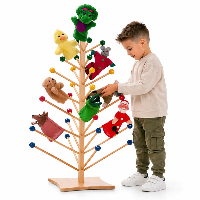 Solid maple wood puppet organizer tree witrh a boy playing with puppets