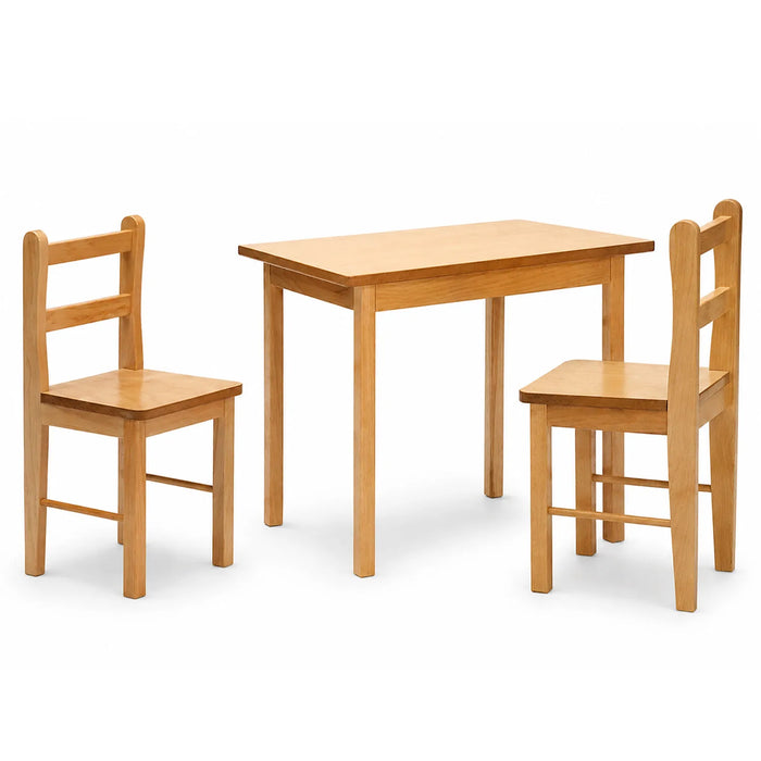 Solid Toddler Wooden table and two chairs on a white background