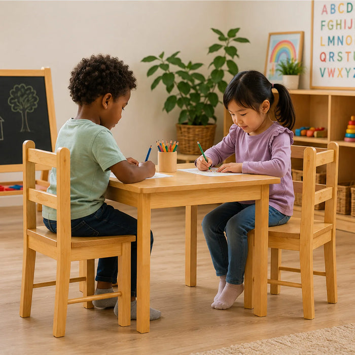 Two children sitting at the Soldi wooden table in a classroom setting, engaged in an activity.