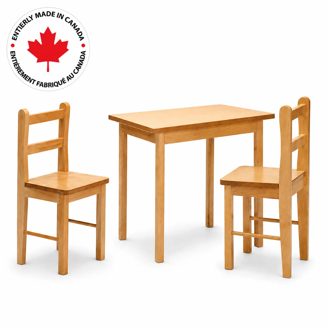 Solid Wooden table and chairs set with a 'Made in Canada' label on a white background