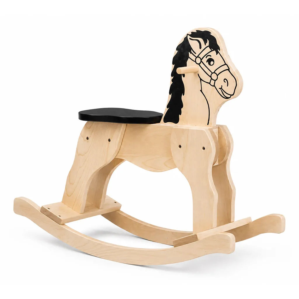Solid durable maple wood classic rocking horse toy for children on white background - Goldtex