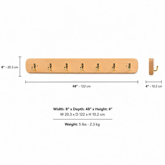 Solid wooden wall mount coat rack with 7 hooks dimensions