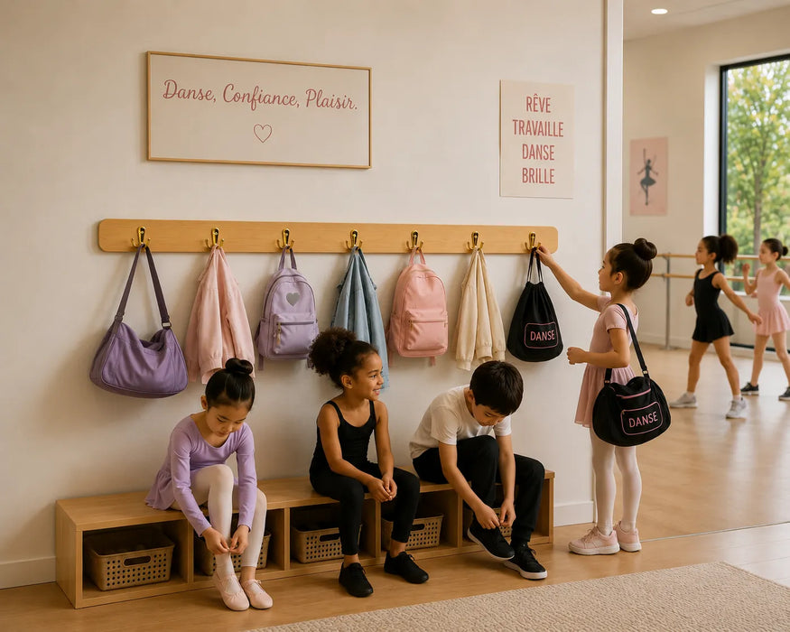 Solid wooden wall mount coat rack with 7 hooks with children at a danse classe in a studio hanging their bags