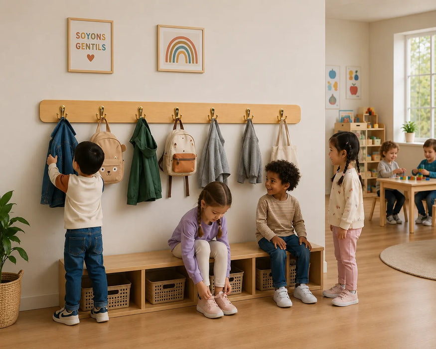 Children at daycare setting with backpacks and clothing on the solid wood coat rack with 7 hooks.