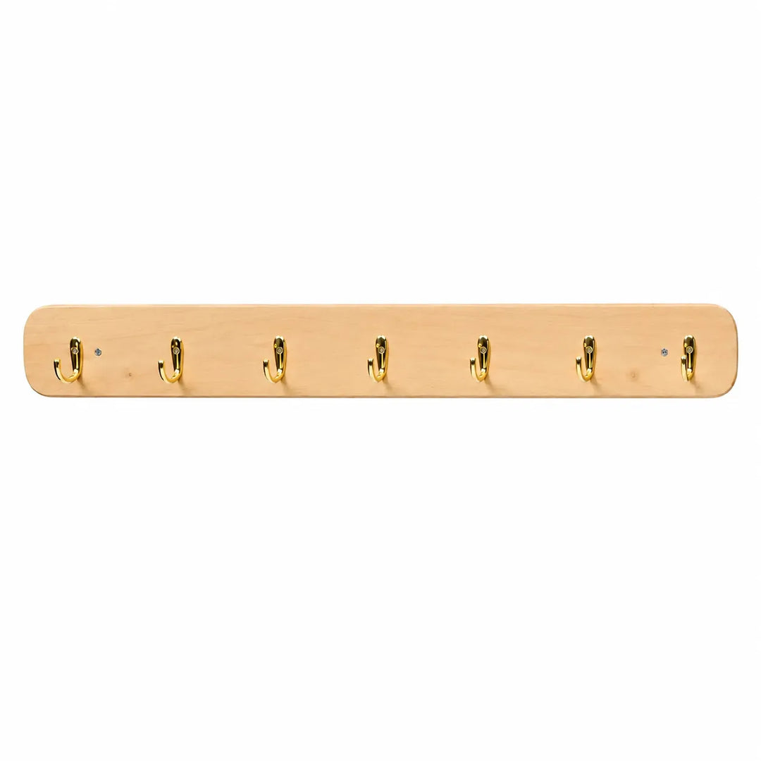 Solid wooden wall mount coat rack with 7 hooks on white background