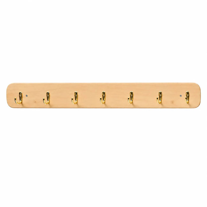 Solid wooden wall mount coat rack with 7 hooks on white background