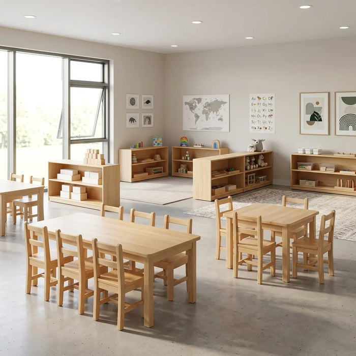 A bright, modern, and empty daycare classroom featuring high-quality solid wood children's furniture. In the foreground are a rectangular activity table with six matching chairs and a square table with four chairs. The background shows low wooden storage shelves filled with toys and educational decor, illuminated by natural sunlight from large windows.