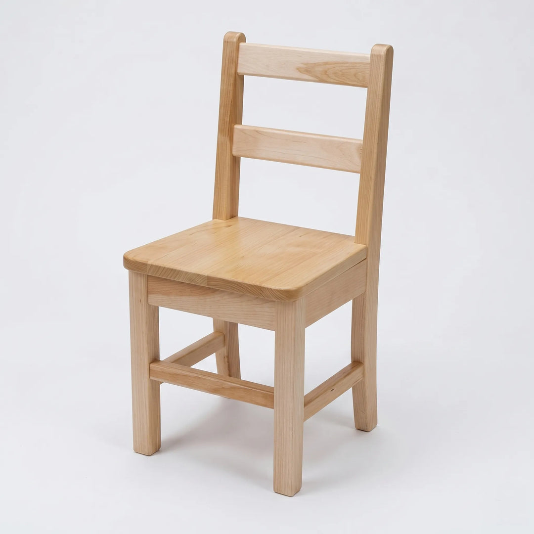 A high-resolution product photograph showing a single, unpainted solid wood child's classroom chair with a ladder back, isolated on a white background.