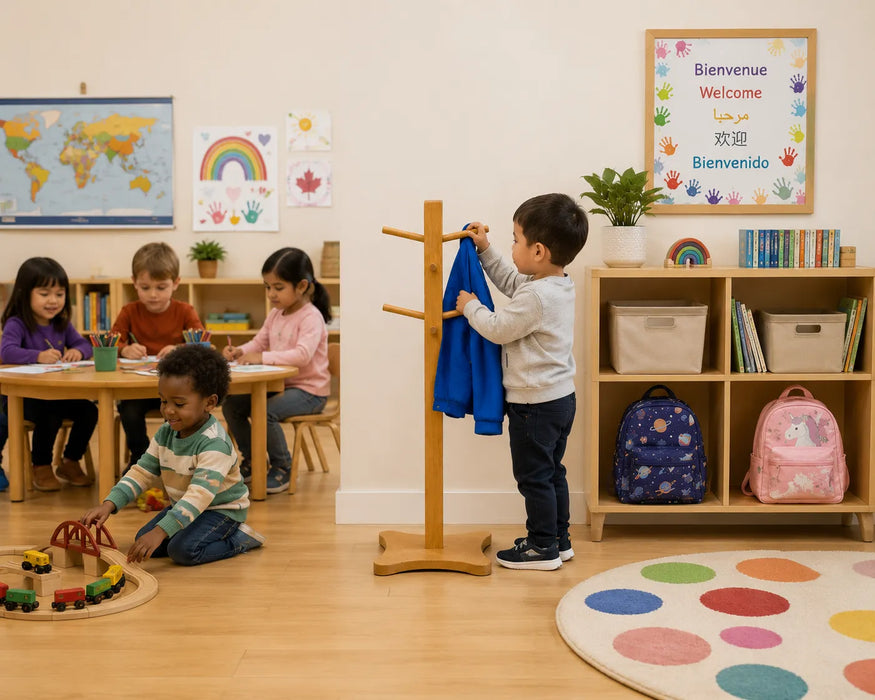Solide maple wooden coat rack for kids in a daycare with children