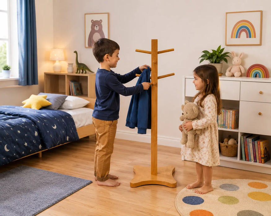Solide maple wooden coat rack for kids  in a children's room