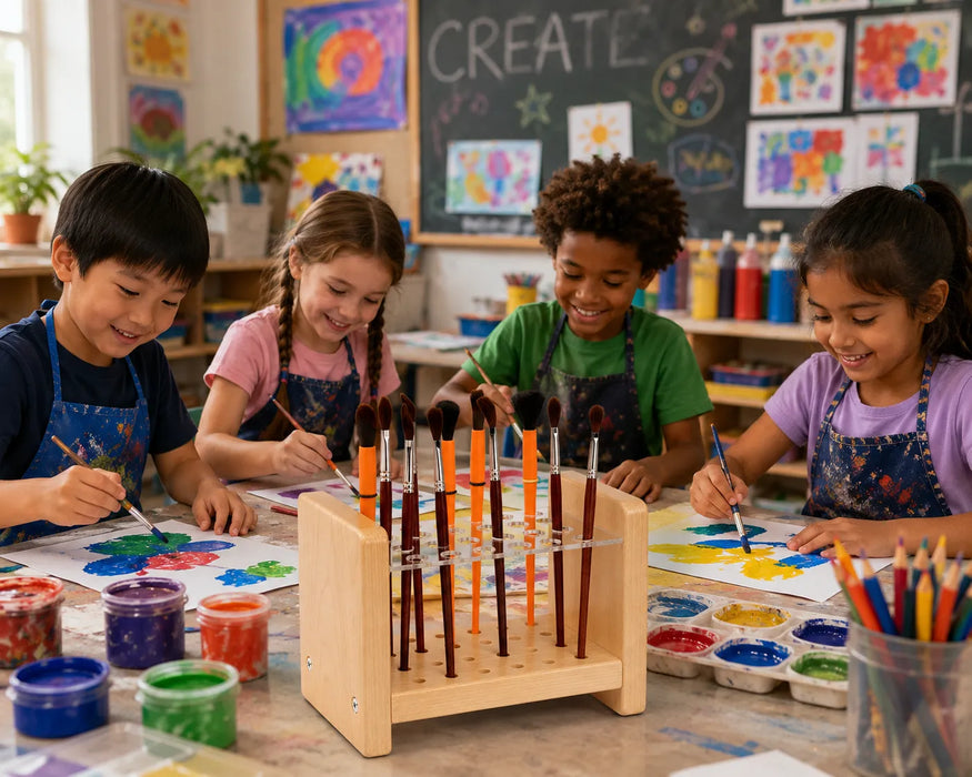 Maple solid wood paint brush organizer - Children painting at an art class at school