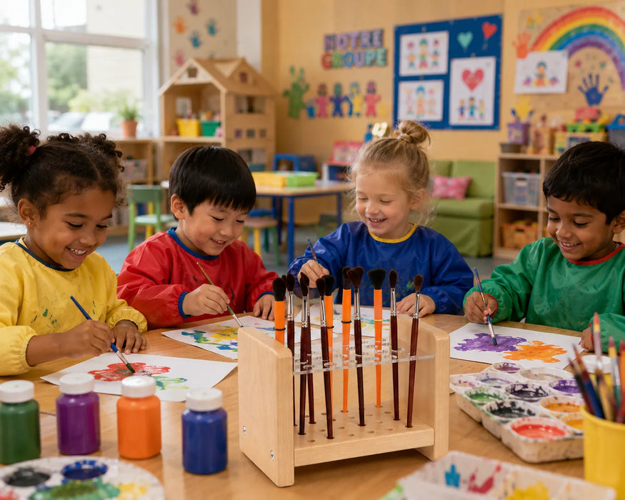 Maple solid wood paint brush organizer - Children painting at an art class at daycare or kinder garden