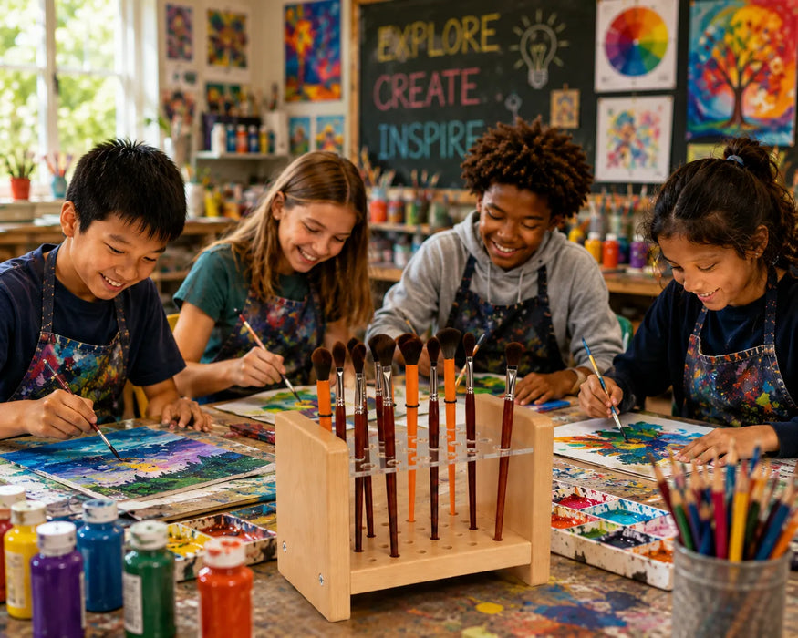 Maple solid wood paint brush organizer - Teens painting at an art class at 