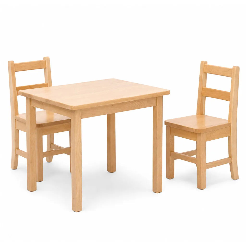 Solid Maple or Birch Wood durable Square Table and 2 chairs set for children on white background - Goldtex