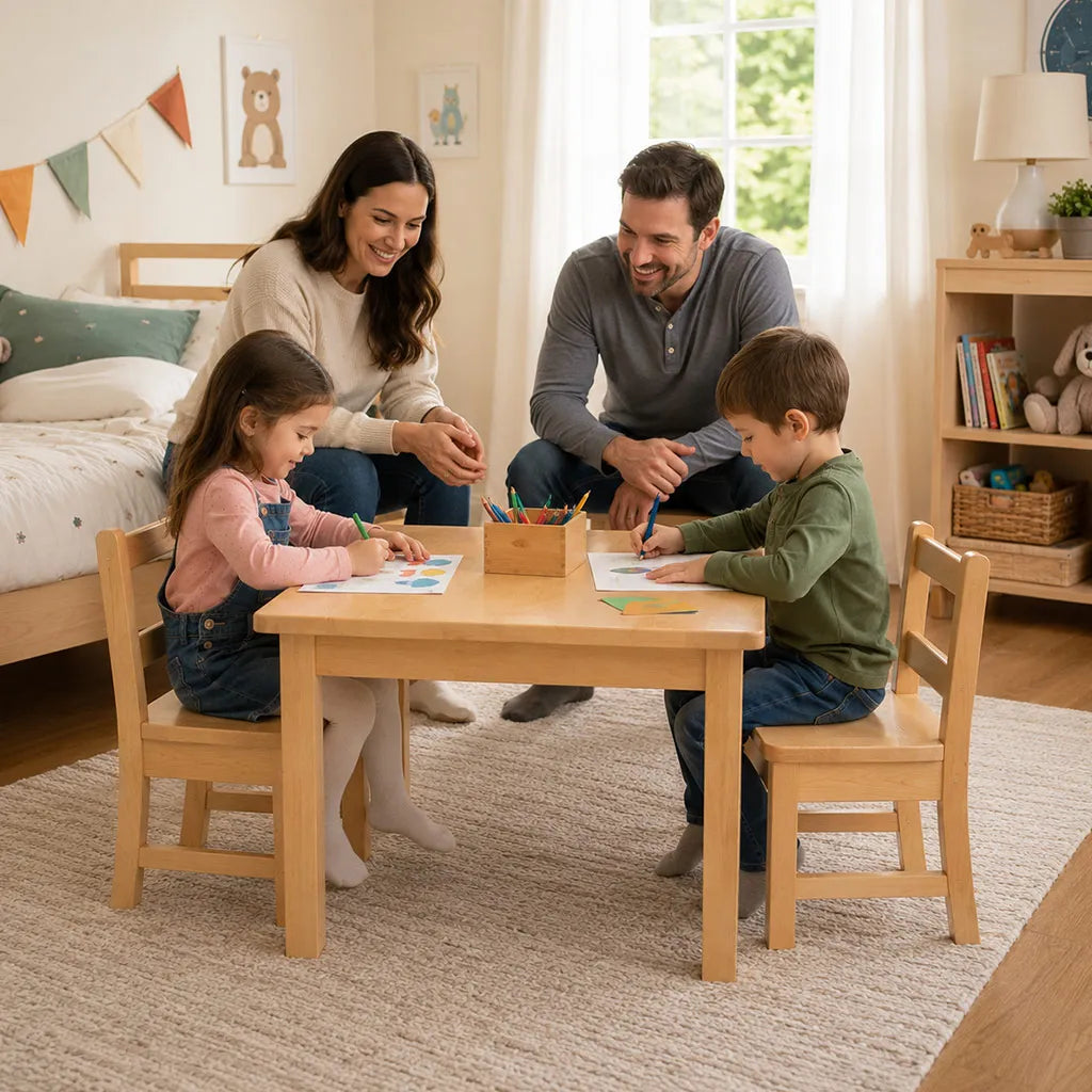 Solid Maple or Birch Wood durable Square Table and 2 chairs set for children lifestyle in a kids room with children drawing with parents observing - Goldtex