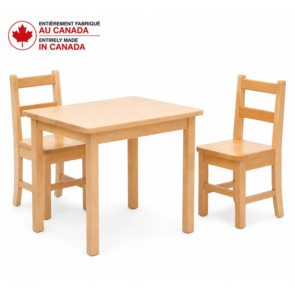 Solid Maple or Birch Wood durable Square Table and 2 chairs set for children entirely made in Canada - Goldtex