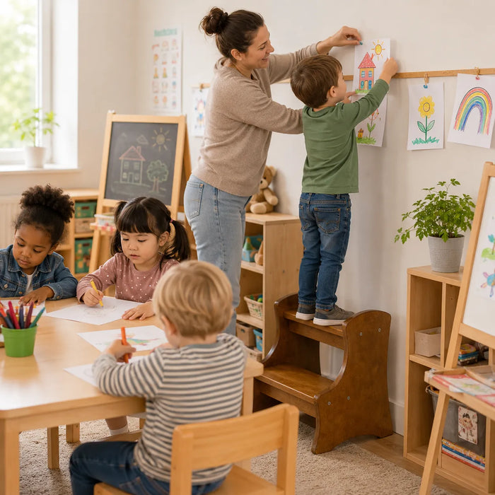 Children in a classroom with a teacher assisting one of them on a hard wood step stool, hanging drawings on the wall