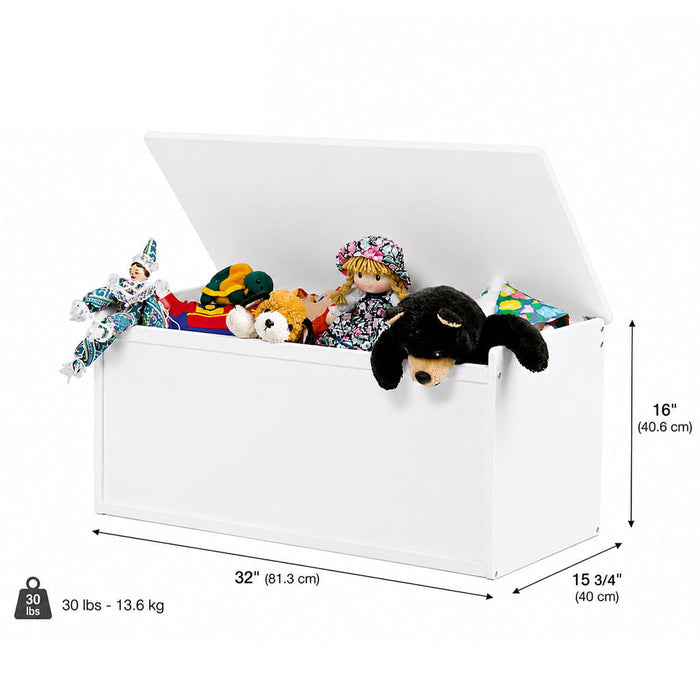 Solid wood toy chest dimensions - 32" (81.3 cm) L x 15 3/4" (40 cm) W x 16" (40.6 cm) H Weight: 30 lbs - 13.6 kg - Goldtex