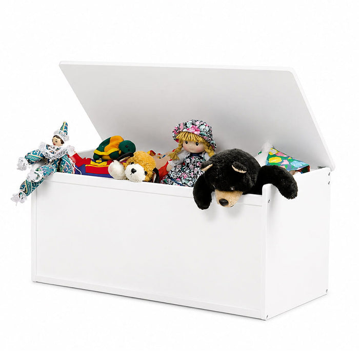 Solid wood toy chest white non-toxic finish with toys in it on white backgroun - Goldtex