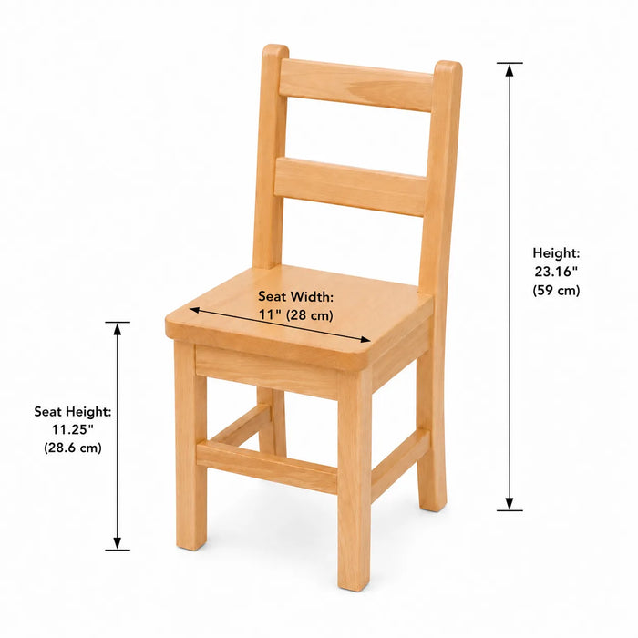 Hard Kids Wooden chair with measurements on a white background