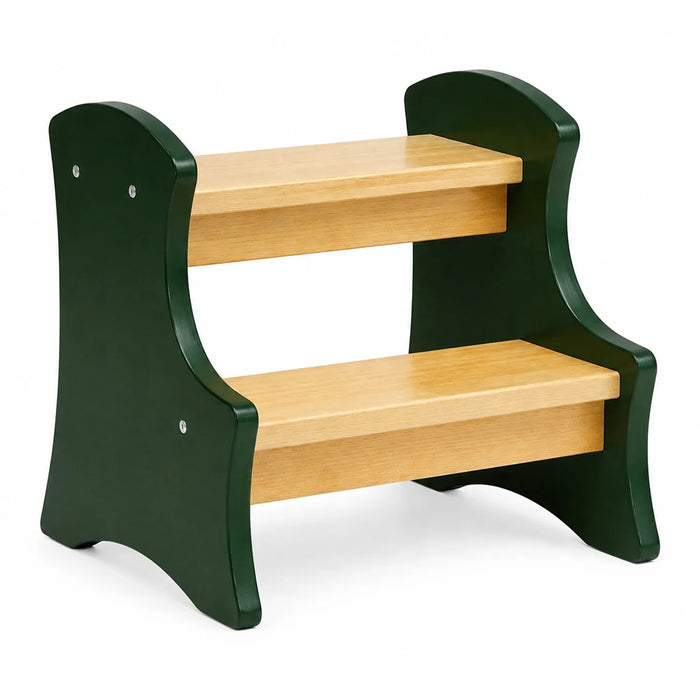 Two-step wooden stool with green frame and natural wood colour steps on a white background