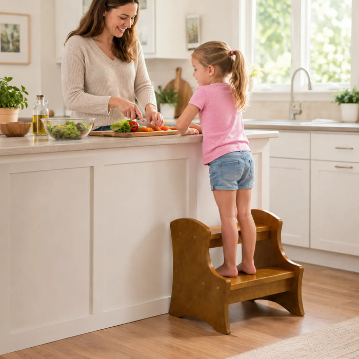 Woman and child in a kitchen with the child on a wooden step stool cooking