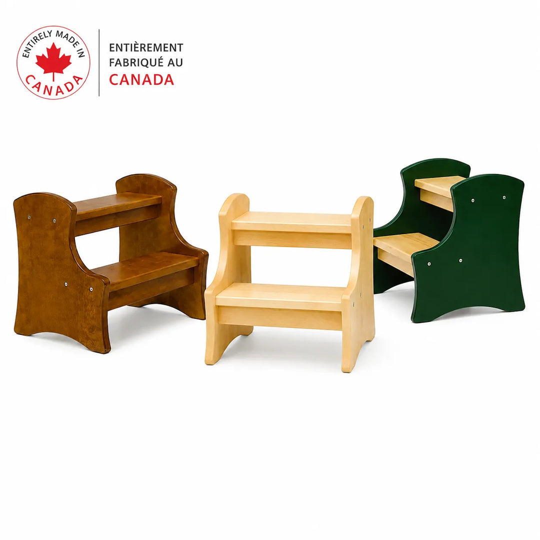 3 hard wooden step stools in different colors on a white background with 'Entirely Made in Canada' text.