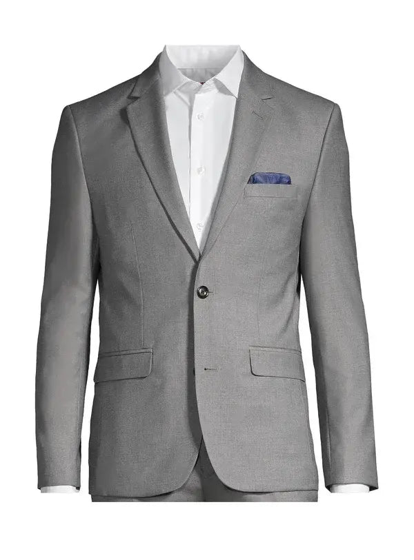 Soul of London 2-piece silver kids suit displayed on a mannequin with a white shirt and blue pocket square.