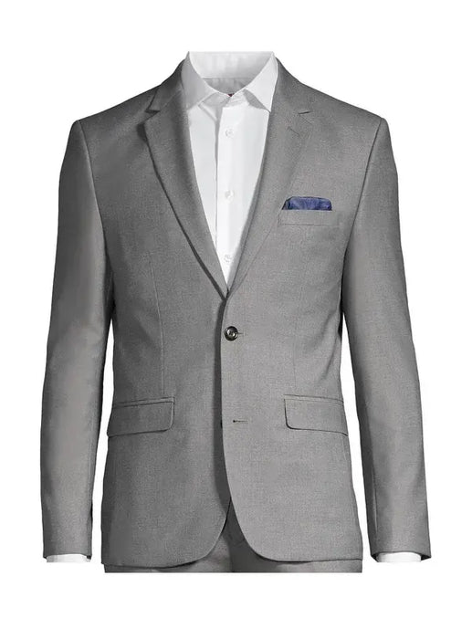 Soul of London 2-piece silver kids suit displayed on a mannequin with a white shirt and blue pocket square.