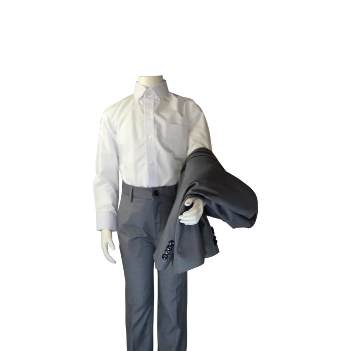 Soul of London 2-piece silver kids suit displayed on a mannequin with the jacket draped over the arm.