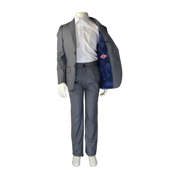 Soul of London 2-piece silver kids suit displayed on a mannequin with inner jacket lining visible.